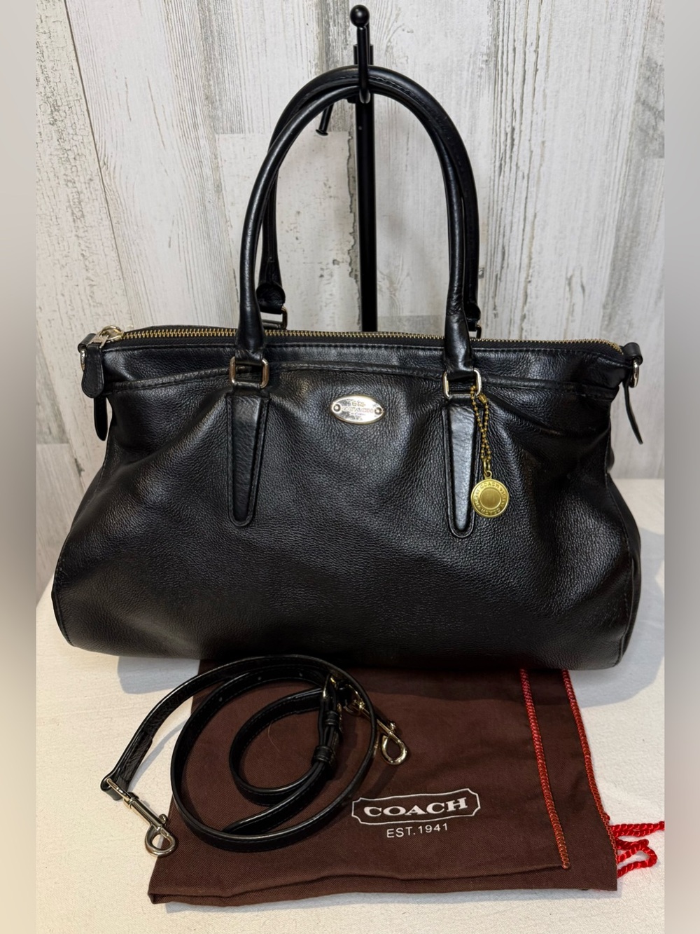 Coach Morgan Black Leather Satchel with Gold hardware and Crossbody Strap 35185